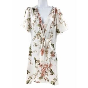 One One Six Wrap Dress M White Pink Floral V Neck Short Sleeves Coquette PILL